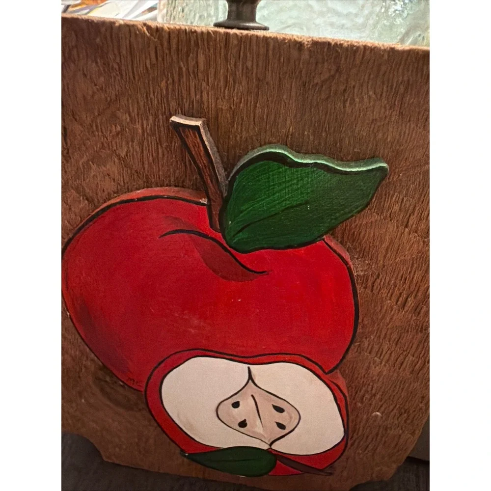 Vintage Hand Painted Wood Apple Wall Plaque Farmhouse Kitchen Decor  Sliced 7x6